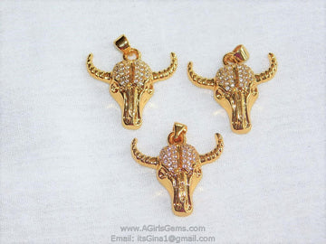Cow Skull CZ Micro Pave Gold Plated Bull Skull Pendant Boho Cubic Zirconia Ox Longhorn Skull Cowboy Supplies Crafts Supplies Bull Skull - A Girls Gems